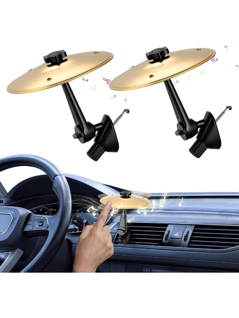 Mini Crash Drum Set Air Vent Cymbals for Car - 2 Pack, Gold Music Decor